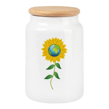 Planet Earth and sunflower - Cookie Jar with Wooden Lid - white - Front