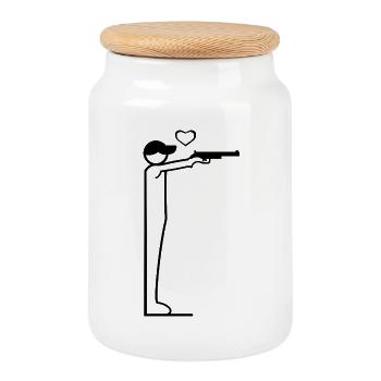 Minimalist pistol shooter design - Cookie Jar with Wooden Lid - white - Front