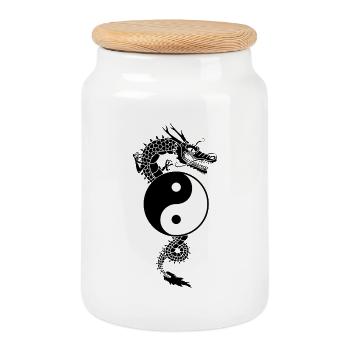 Chinesischer Yin-Yang-Drache - Keksdose mit Holzdeckel - Weiß - Vorne