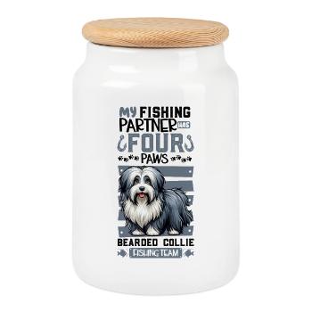 Pêche et Bearded Collie - Boîte à biscuits avec couvercle en bois - blanc - Devant