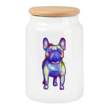 Bouledogue français coloré - Boîte à biscuits avec couvercle en bois - blanc - Devant