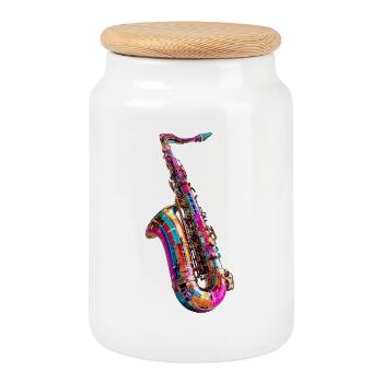 Colorful saxophone design - Cookie Jar with Wooden Lid - white - Front