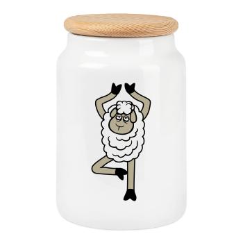 Sheep Tired Exhausted Sad Yoga Tree Pose Comic - Cookie Jar with Wooden Lid - white - Front