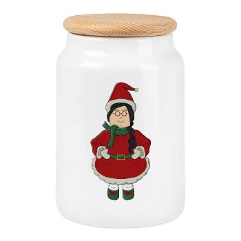 Santa Girl in Red Dress - Cookie Jar with Wooden Lid - white - Front