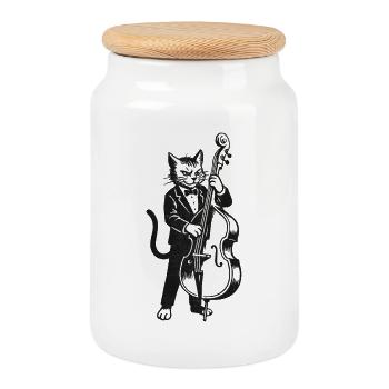 Jazz cat in suit with double bass - Cookie Jar with Wooden Lid - white - Front