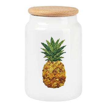 Besticktes Ananas-Tropenfrucht-Design (bedruckt) - Keksdose mit Holzdeckel - Weiß - Vorne