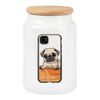 Mops am Rand – niedlicher Blick - Keksdose mit Holzdeckel - Weiß - Vorne