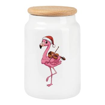 Christmas Flamingo Bird Playing Violin Art - Cookie Jar with Wooden Lid - white - Front