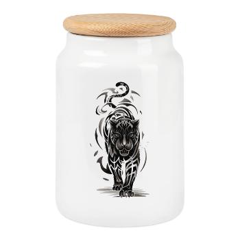 Tigre tribal - Gros félin noir et blanc - Boîte à biscuits avec couvercle en bois - blanc - Devant