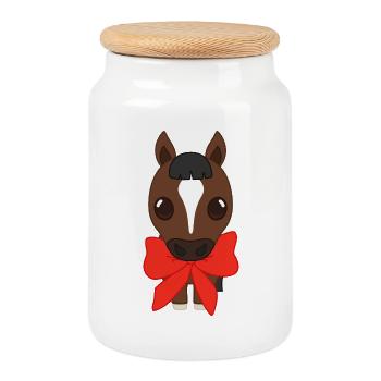 Bangs with red ribbon - Cookie Jar with Wooden Lid - white - Front