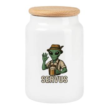 Servus Alien - Lustiges Bayern Motiv - Keksdose mit Holzdeckel - Weiß - Vorne
