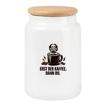 Kaffee Geschenk lustiger Spruch Kaffeeliebhaber  - Keksdose mit Holzdeckel - Weiß - Vorne