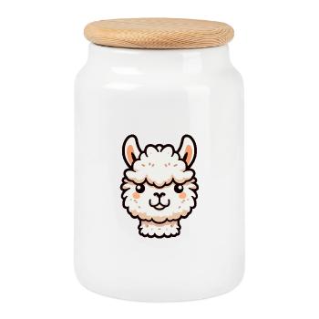Alpaca Llama Head Comic Cartoon - Cookie Jar with Wooden Lid - white - Front