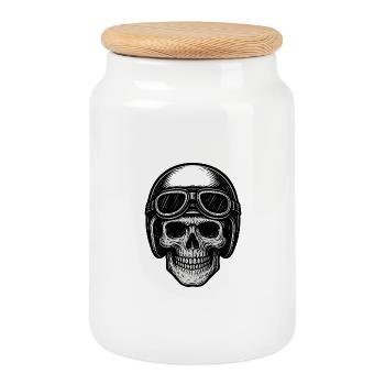 Aviator skull in black and white - Cookie Jar with Wooden Lid - white - Front