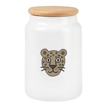 Cute Leopard Face Cartoon - Cookie Jar with Wooden Lid - white - Front