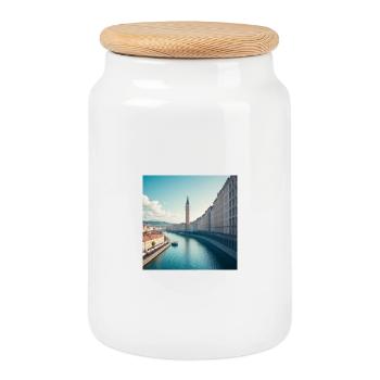 Clock Tower and European Urban Canal - Cookie Jar with Wooden Lid - white - Front