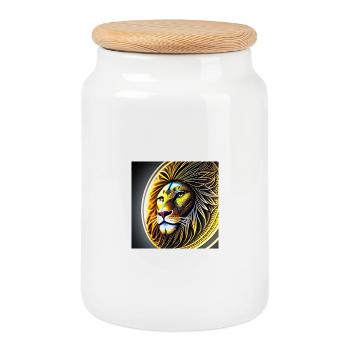 Circular Golden Geometric Lion - Cookie Jar with Wooden Lid - white - Front