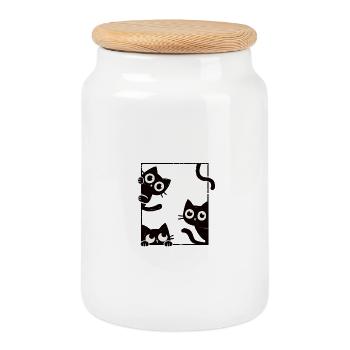 Curious Cats - Felines In Frame - Cookie Jar with Wooden Lid - white - Front