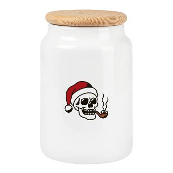Smoking Skull with Santa Hat Illustration - Cookie Jar with Wooden Lid - white - Front
