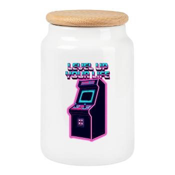 Level Up Your Life Neon Arcade - Cookie Jar with Wooden Lid - white - Front