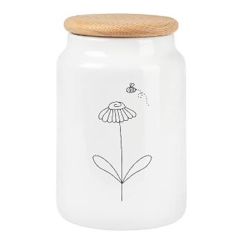 Bee And Flower Art Pattern - Cookie Jar with Wooden Lid - white - Front