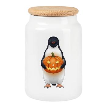 Pingouin d’Halloween mignon avec citrouille dessin animé amusant - Boîte à biscuits avec couvercle en bois - blanc - Devant