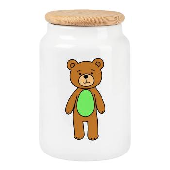 Dessin animé de l’ours câlin au ventre vert - Boîte à biscuits avec couvercle en bois - blanc - Devant