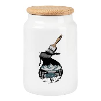 Magic Deer In Front Of Mountain Lake In Winter - Cookie Jar with Wooden Lid - white - Front