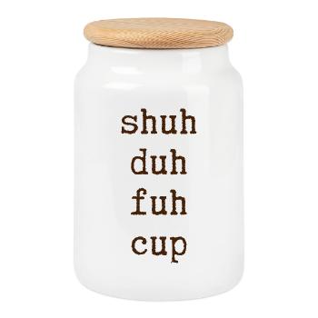 Illustration de mots couleur rouille sur la tasse - Boîte à biscuits avec couvercle en bois - blanc - Devant