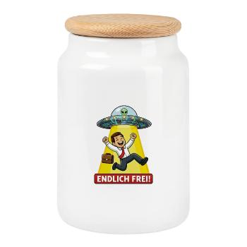 Finally Free UFO Abduction - Cookie Jar with Wooden Lid - white - Front