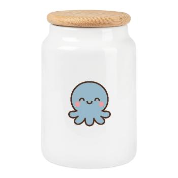 Blue Octopus Kawaii Smile - Cookie Jar with Wooden Lid - white - Front