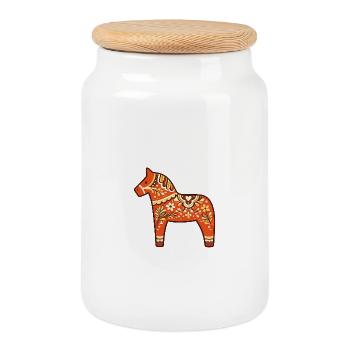 Retro 70s Swedish Dala Horse Folk Art Design - Cookie Jar with Wooden Lid - white - Front