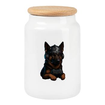 Chien de jeu avec casque Viking - Boîte à biscuits avec couvercle en bois - blanc - Devant