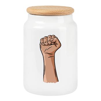 Hand with clenched fist - Cookie Jar with Wooden Lid - white - Front