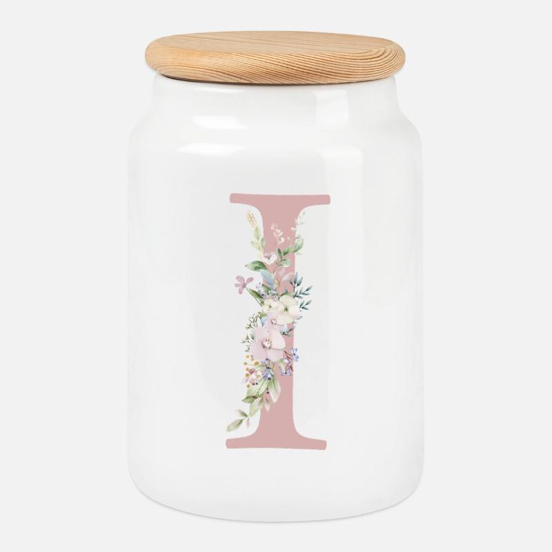 I Monogram, Floral, Personalizable - Cookie Jar with Wooden Lid - white