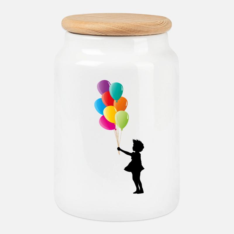 Mädchen mit bunten Luftballons - Keksdose mit Holzdeckel - Weiß