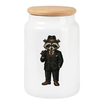 Élégant chef de la mafia raton laveur en costume avec un chapeau - Boîte à biscuits avec couvercle en bois - blanc - Devant
