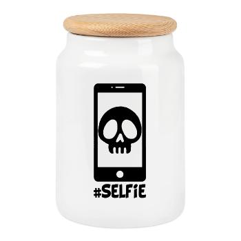 Selfie of a black skull - Cookie Jar with Wooden Lid - white - Front