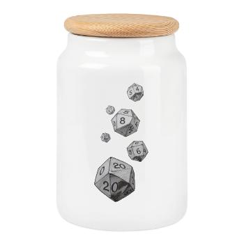 Schwarz-Weiß Rollenspielwürfel – Falling Dice - Keksdose mit Holzdeckel - Weiß - Vorne