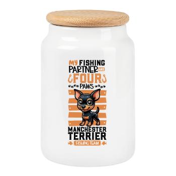 Fishing and Manchester Terrier - Cookie Jar with Wooden Lid - white - Front