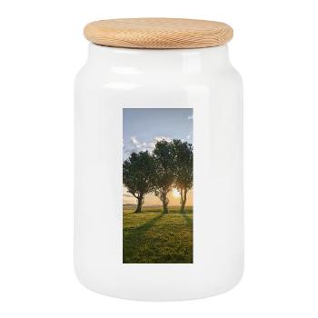 Sunrise row of trees in Sweden - Cookie Jar with Wooden Lid - white - Front