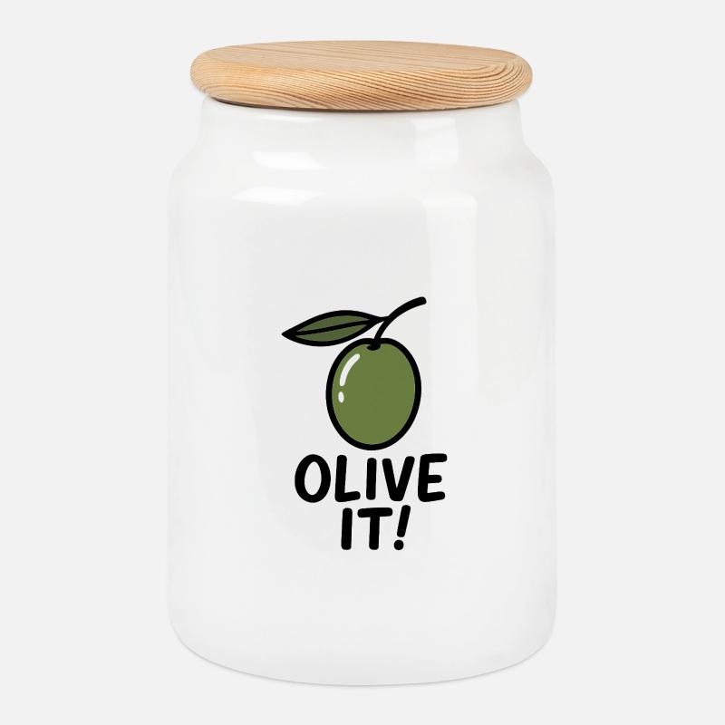 Olivenillustration mit Slogan - Keksdose mit Holzdeckel - Weiß