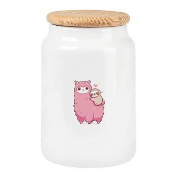 Alpaca Llama Sloth Llama Llama kawaii pink cute pink - Cookie Jar with Wooden Lid - white - Front