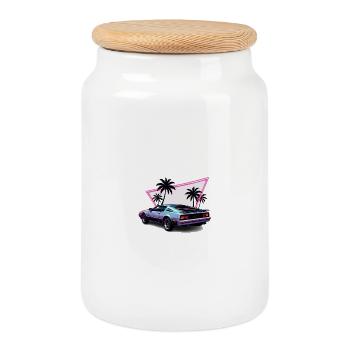 Retro Neon Car and Palm Trees - Cookie Jar with Wooden Lid - white - Front