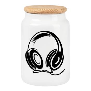 a headphone with cable - Cookie Jar with Wooden Lid - white - Front
