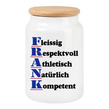 Frank , Vorname,Namensschild,Name,Fun Shirt (25) - Keksdose mit Holzdeckel - Weiß - Vorne