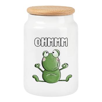 Ohmmm Frog - Frogs - Toad - Yoga - Fitness - Cookie Jar with Wooden Lid - white - Front