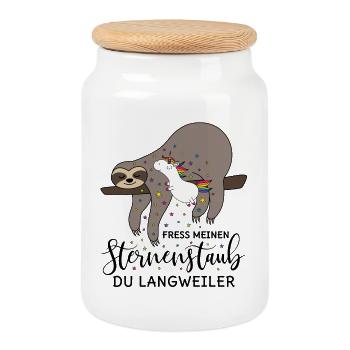 Einhorn Faultier Spruch Fress meinen Sternenstaub - Keksdose mit Holzdeckel - Weiß - Vorne