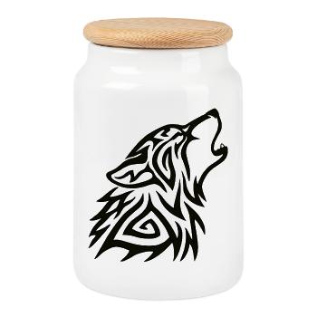 Tribal Wolf Howl - Cookie Jar with Wooden Lid - white - Front