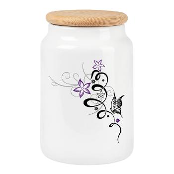 Ornament with butterfly and flowers - Cookie Jar with Wooden Lid - white - Front